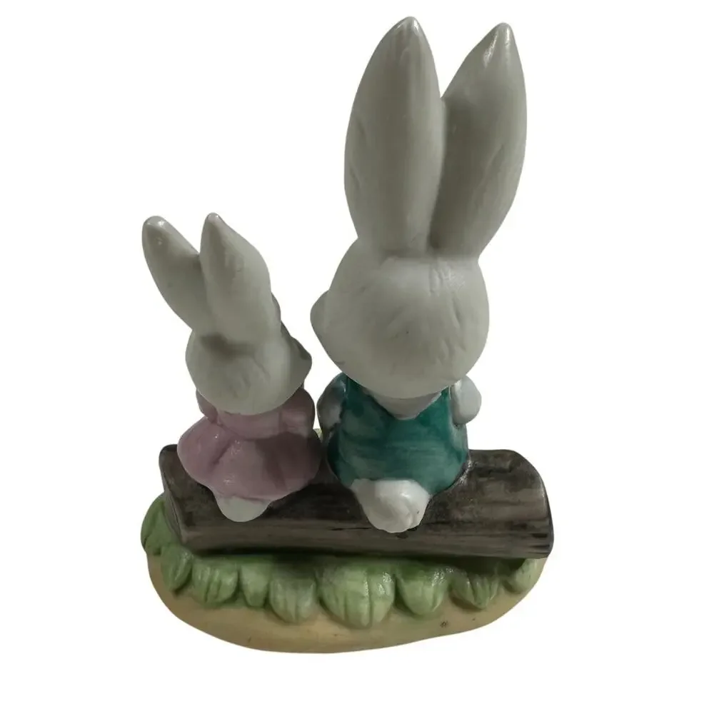 Vintage Lefton Bunny Rabbit Grandpa Girl Reading on Log Excellent Condition